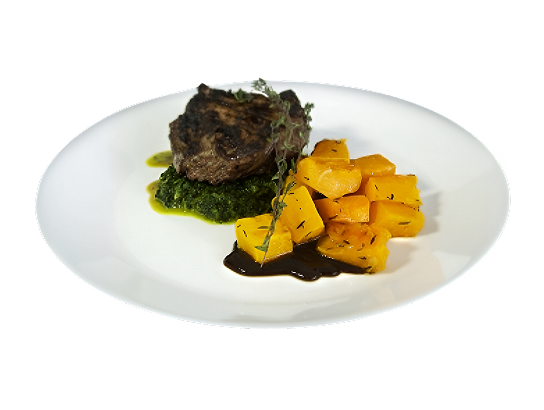 Филе миньон на подушке из шпината и печеной тыквой