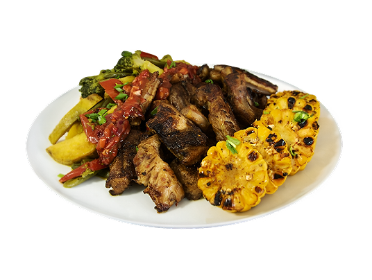 Свиные ребрышки без кости на гриле с овощным гарниром