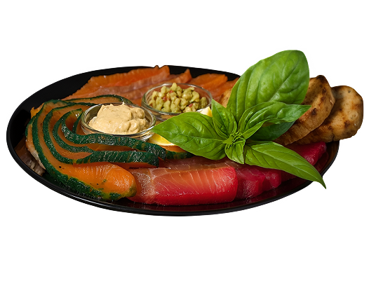 Лосось гравлакс песто, цитрусовый, свекольный с гуакамоле, медово-горчичным маслом и зерновыми гренками и базиликом 150/150/150/100