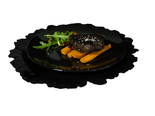 Говядина су-вид с соусом терияки, печеной морковью и микс-салатом 120/100/15